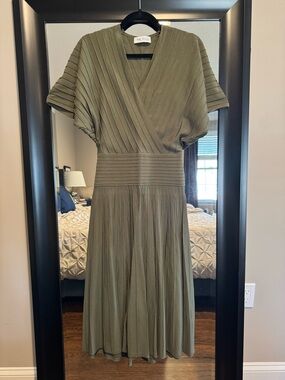 The Fold London Olive Green Ribbed Knit Wrap Midi Dress